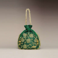 Emerald Green Potli Bag In Satin Or Raw Silk With Zardosi Embroidery In Floral Design