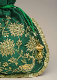 Emerald Green Potli Bag In Satin Or Raw Silk With Zardosi Embroidery In Floral Design