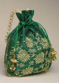 Emerald Green Potli Bag In Satin Or Raw Silk With Zardosi Embroidery In Floral Design