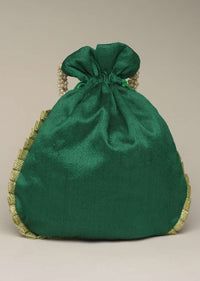 Emerald Green Potli Bag In Satin Or Raw Silk With Zardosi Embroidery In Floral Design