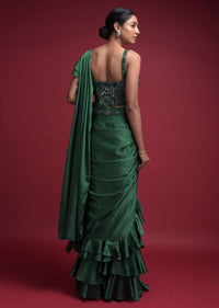 Emerald Green Ready Pleated Ruffle Saree In Milano Satin With Layered Ruffles On The Pleats