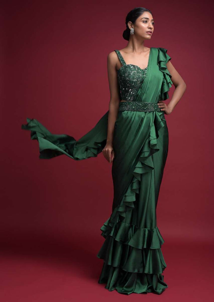 Emerald Green Ready Pleated Ruffle Saree In Milano Satin With Layered Ruffles On The Pleats