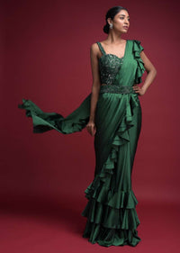 Emerald Green Ready Pleated Ruffle Saree In Milano Satin With Layered Ruffles On The Pleats