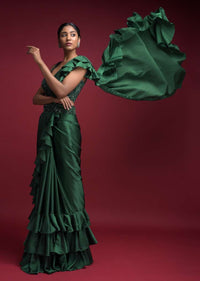 Emerald Green Ready Pleated Ruffle Saree In Milano Satin With Layered Ruffles On The Pleats