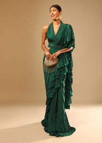 Emerald Green Ready Pleated Ruffle Saree With A Halter Neck Blouse And 3D Embroidered Belt