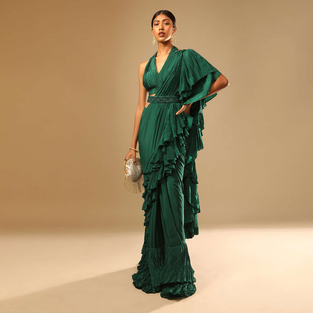 Emerald Green Ready Pleated Ruffle Saree With A Halter Neck Blouse And 3D Embroidered Belt