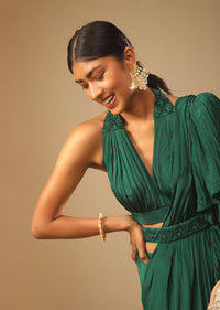 Emerald Green Ready Pleated Ruffle Saree With A Halter Neck Blouse And 3D Embroidered Belt