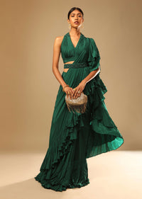 Emerald Green Ready Pleated Ruffle Saree With A Halter Neck Blouse And 3D Embroidered Belt