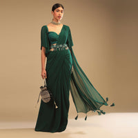 Emerald Green Ready Pleated Saree In Georgette With Bell Sleeves Crop Top And Chunky Embroidered Belt