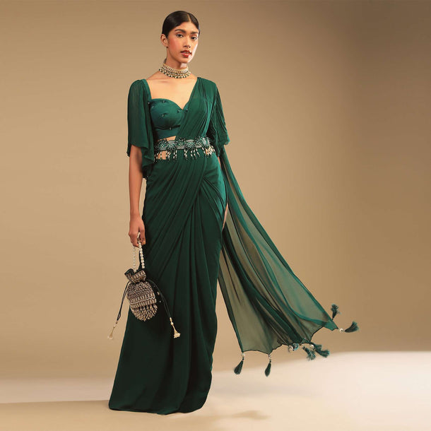 Emerald Green Ready Pleated Saree In Georgette With Bell Sleeves Crop Top And Chunky Embroidered Belt