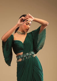 Emerald Green Ready Pleated Saree In Georgette With Bell Sleeves Crop Top And Chunky Embroidered Belt