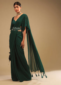 Emerald Green Ready Pleated Saree In Georgette With Bell Sleeves Crop Top And Chunky Embroidered Belt