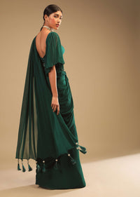 Emerald Green Ready Pleated Saree In Georgette With Bell Sleeves Crop Top And Chunky Embroidered Belt