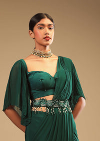 Emerald Green Ready Pleated Saree In Georgette With Bell Sleeves Crop Top And Chunky Embroidered Belt