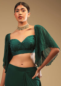 Emerald Green Ready Pleated Saree In Georgette With Bell Sleeves Crop Top And Chunky Embroidered Belt