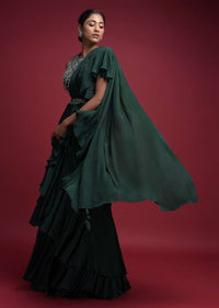 Emerald Green Saree In Crepe With Ruffled Pallu And Layered Ruffles On The Pleats