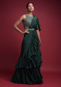 Emerald Green Saree In Crepe With Ruffled Pallu And Layered Ruffles On The Pleats