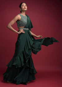 Emerald Green Saree In Crepe With Ruffled Pallu And Layered Ruffles On The Pleats