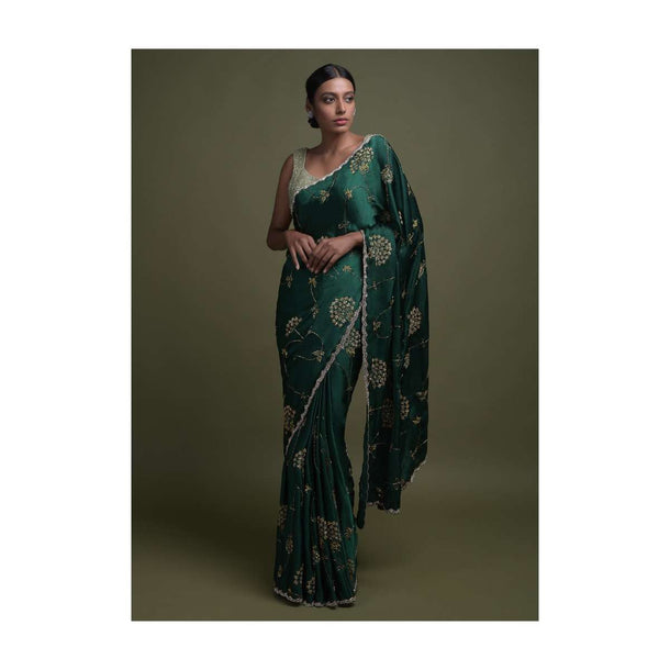 Emerald Green Saree In Satin With Zardozi And Sequins Embroidered Contemporary Floral Pattern Online - Kalki Fashion