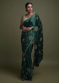 Emerald Green Saree In Satin With Zardozi And Sequins Embroidered Contemporary Floral Pattern Online - Kalki Fashion