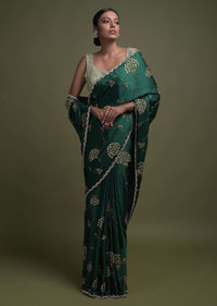 Emerald Green Saree In Satin With Zardozi And Sequins Embroidered Contemporary Floral Pattern Online - Kalki Fashion