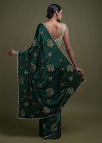 Emerald Green Saree In Satin With Zardozi And Sequins Embroidered Contemporary Floral Pattern Online - Kalki Fashion