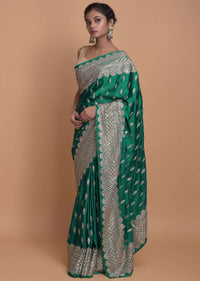 Emerald Green Saree In Satin With Zari Embellished Buttis Online - Kalki Fashion