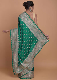 Emerald Green Saree In Satin With Zari Embellished Buttis Online - Kalki Fashion