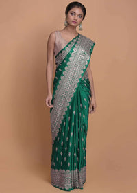 Emerald Green Saree In Satin With Zari Embellished Buttis Online - Kalki Fashion