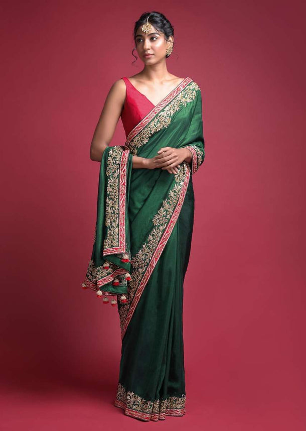 Emerald Green Saree In Silk With An Embellished Red Border Online - Kalki Fashion