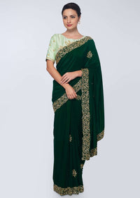 Emerald Green Saree In Satin Embellished With Cut Dana Embroidered Butti And Border Online - Kalki Fashion