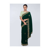 Emerald Green Saree In Satin Embellished With Cut Dana Embroidered Butti And Border Online - Kalki Fashion