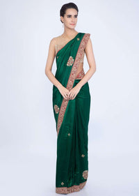 Emerald green silk saree with embroidered butti and border only on Kalki