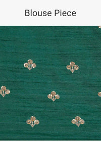 Emerald green silk saree with embroidered butti and border only on Kalki