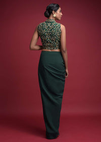 Emerald Green Skirt In Crepe With Cowl Drape And Matching Jaal Embroidered Crop Top