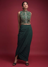 Emerald Green Skirt In Crepe With Cowl Drape And Matching Jaal Embroidered Crop Top