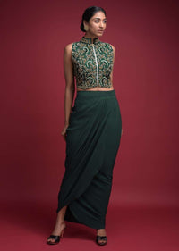 Emerald Green Skirt In Crepe With Cowl Drape And Matching Jaal Embroidered Crop Top