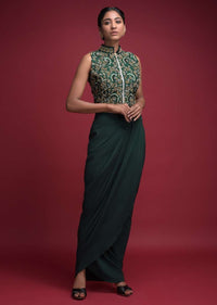 Emerald Green Skirt In Crepe With Cowl Drape And Matching Jaal Embroidered Crop Top