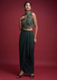 Emerald Green Skirt In Crepe With Cowl Drape And Matching Jaal Embroidered Crop Top