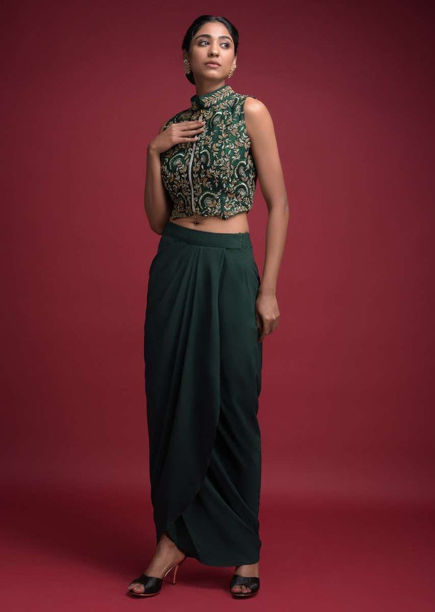 Emerald Green Skirt In Crepe With Cowl Drape And Matching Jaal Embroidered Crop Top