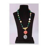 Emerald green stone and pearl beaded necklace with a peach rose pendant only on Kalki