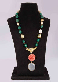 Emerald green stone and pearl beaded necklace with a peach rose pendant only on Kalki