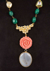 Emerald green stone and pearl beaded necklace with a peach rose pendant only on Kalki