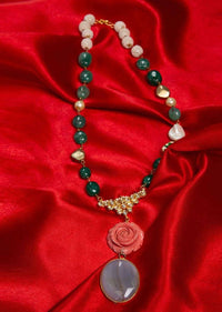 Emerald green stone and pearl beaded necklace with a peach rose pendant only on Kalki