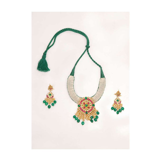 Emerald green thread necklace set with jadau pendant only on Kalki