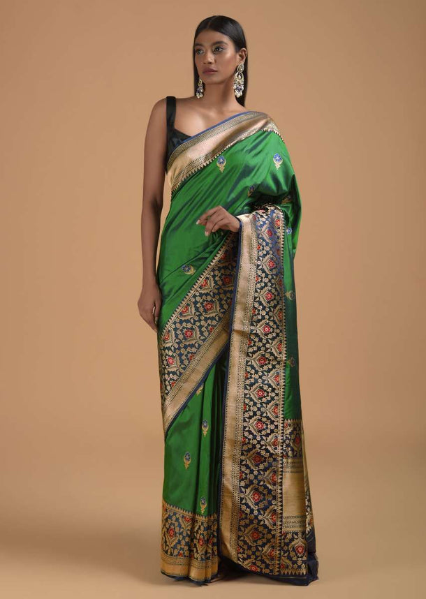 Emerald Green Two Toned Pure Handloom Saree In Silk With Woven Buttis And Intricate Indigo Border Online - Kalki Fashion