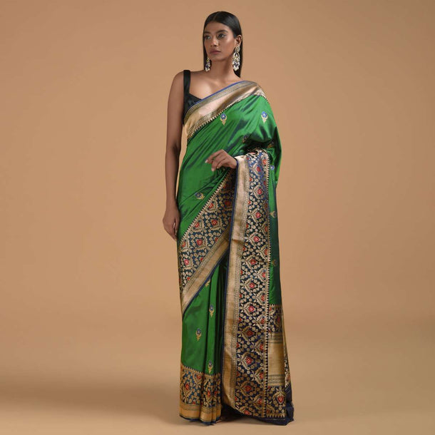 Emerald Green Two Toned Pure Handloom Saree In Silk With Woven Buttis And Intricate Indigo Border Online - Kalki Fashion