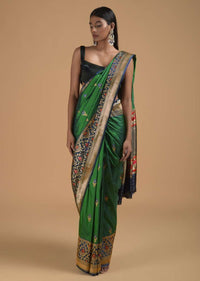 Emerald Green Two Toned Pure Handloom Saree In Silk With Woven Buttis And Intricate Indigo Border Online - Kalki Fashion