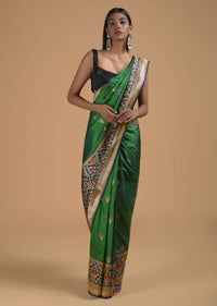 Emerald Green Two Toned Pure Handloom Saree In Silk With Woven Buttis And Intricate Indigo Border Online - Kalki Fashion