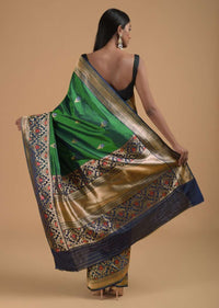 Emerald Green Two Toned Pure Handloom Saree In Silk With Woven Buttis And Intricate Indigo Border Online - Kalki Fashion